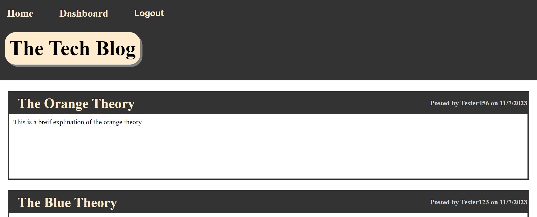 screenshot of the tech blog applications homepage
